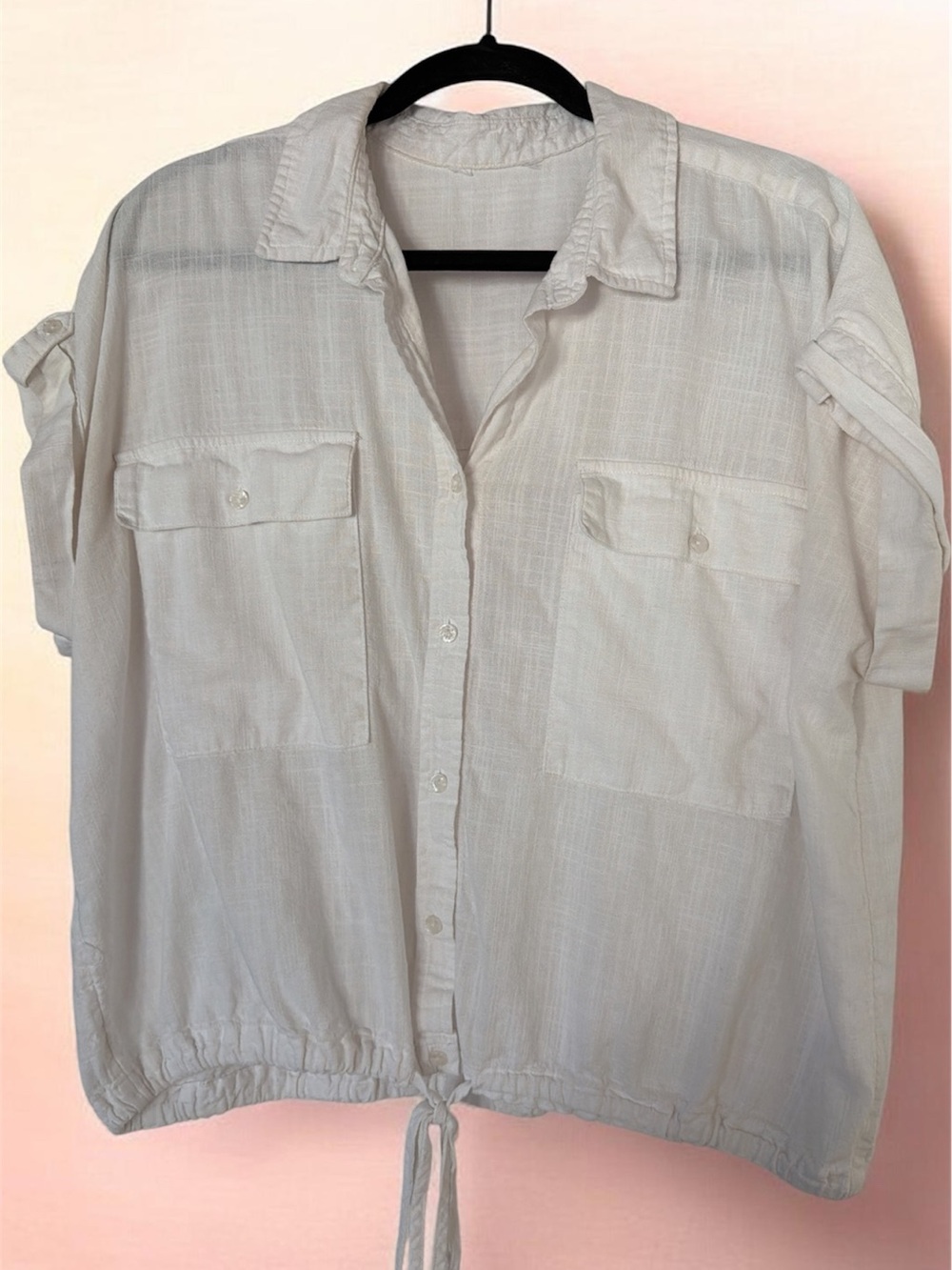 Lightweight White Women’s Linen Blend Button-Front Shirt with Drawstring Hem